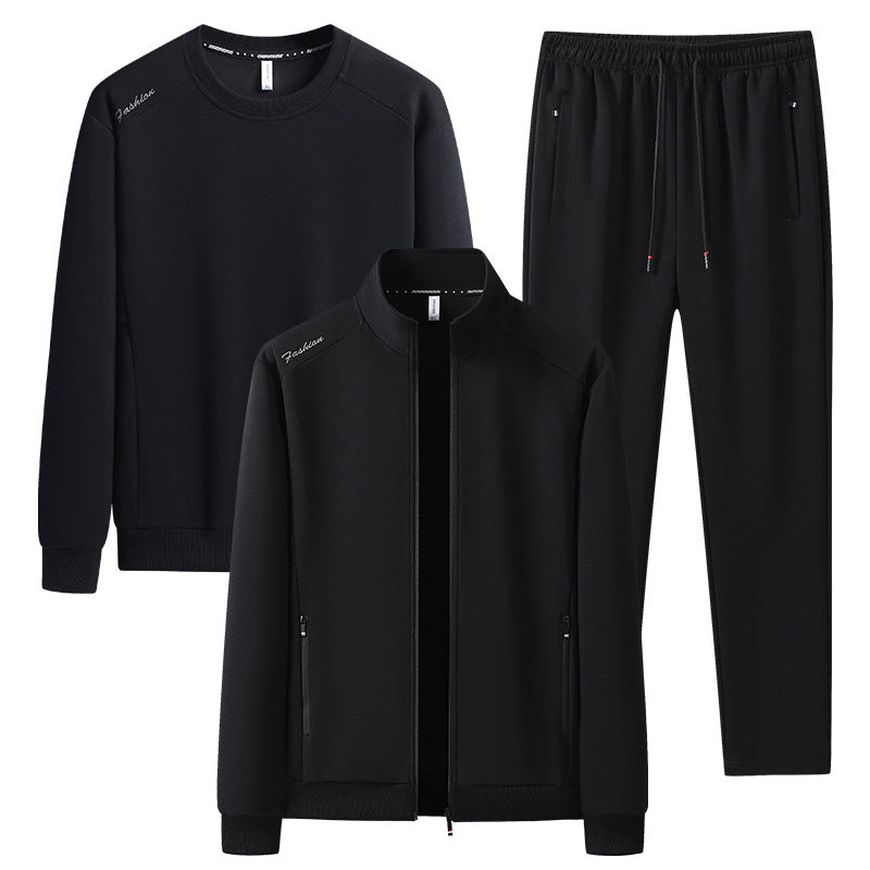 [Herren] Zweiteiliges Trainingsset mit Stehkragen-Zipjacke, Rundhals‑Sweatshirt und konisch geschnittener Jogginghose aus atmungsaktivem Fleece Nord Taschen