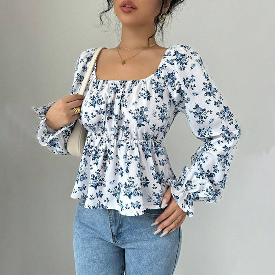 Damen geblümtes Carmen-Top mit geraffter Taillenlinie und Volant-Saum Nord Taschen