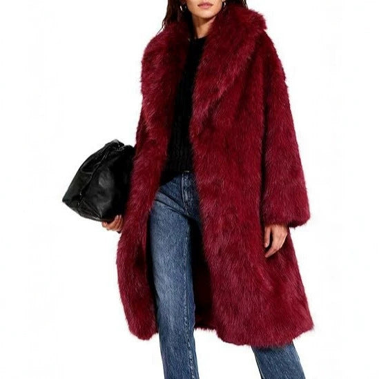 Damen Eleganter Maxi-Kunstpelz-Mantel mit weitem Schalkragen und geradem Schnitt Nord Taschen