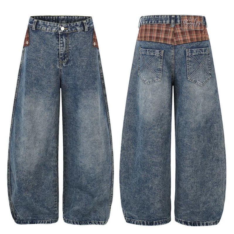 Damen Weite High‑Waist Denim‑Culotte im Palazzo‑Stil mit Karo‑Bund und Vintage‑Waschung Nord Taschen