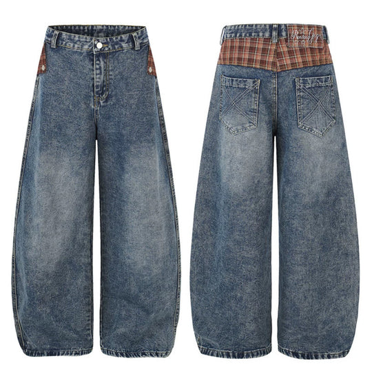 Damen Weite High‑Waist Denim‑Culotte im Palazzo‑Stil mit Karo‑Bund und Vintage‑Waschung Nord Taschen