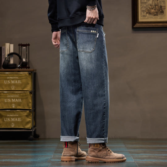 Herren Weite gerade geschnittene Denim-Jeans mit Used‑Wash und Umschlagbund Nord Taschen