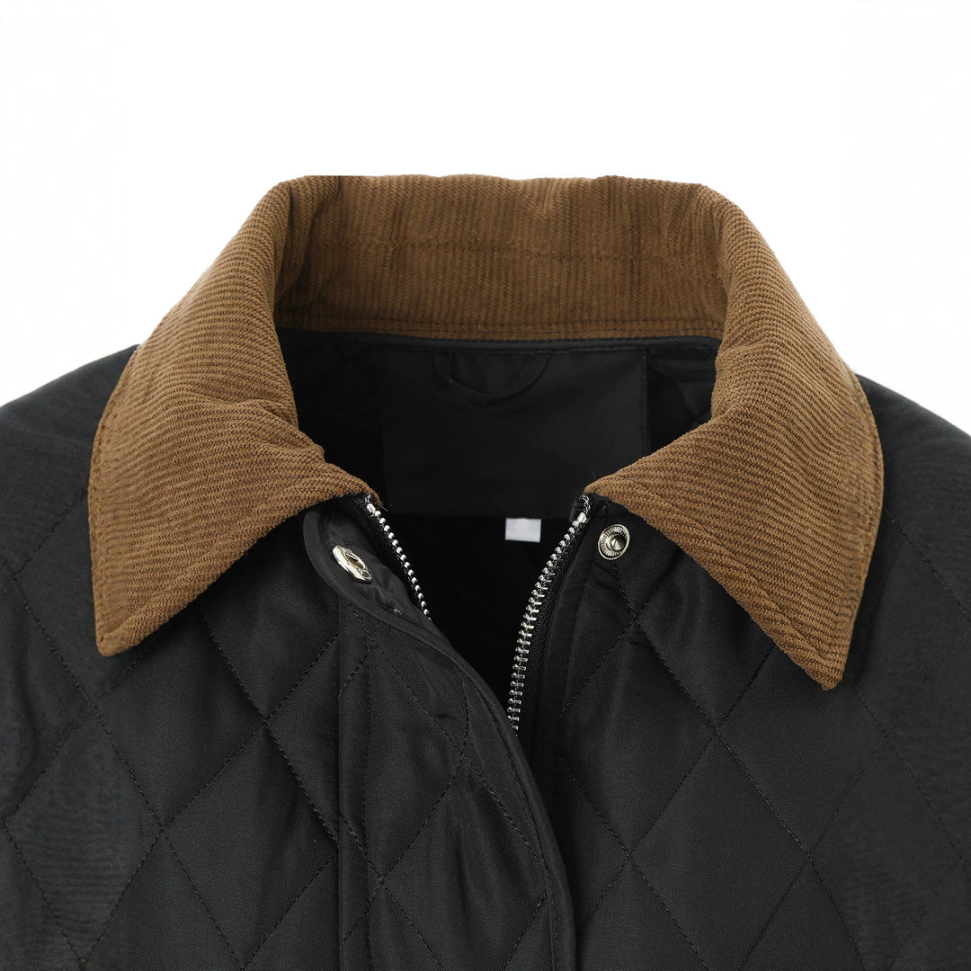 Damen Lange Steppjacke-Mantel mit tailliertem Gürtel und Kontrast-Cordkragen Nord Taschen