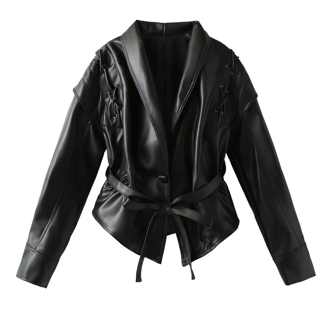 Damen Kurzjacke aus Wildlederoptik mit Wickelgürtel, Schalkragen und Schnürdetail Nord Taschen