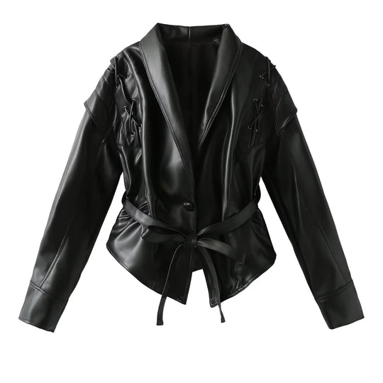 Damen Kurzjacke aus Wildlederoptik mit Wickelgürtel, Schalkragen und Schnürdetail Nord Taschen