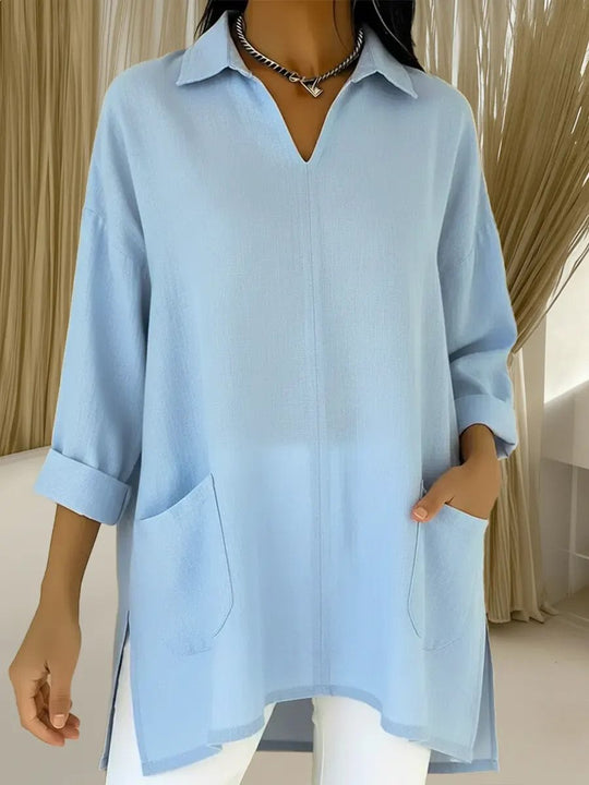 Damen Oversize-Tunika mit Hemdkragen, V-Ausschnitt und aufgesetzten Taschen Nord Taschen