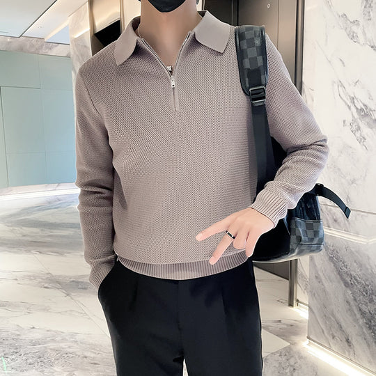 Herren Strukturierter Halbzip-Strickpolopullover mit Reißverschlusskragen Nord Taschen