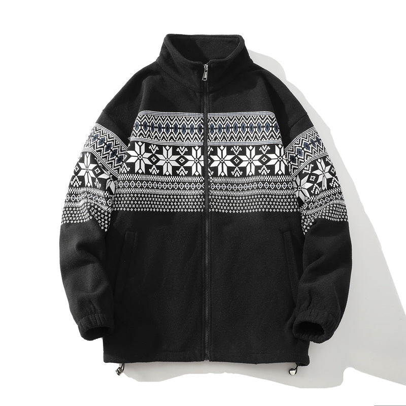 Unisex Norwegermuster-Fleecejacke mit Stehkragen, durchgehendem Reißverschluss und Kordelzug Nord Taschen