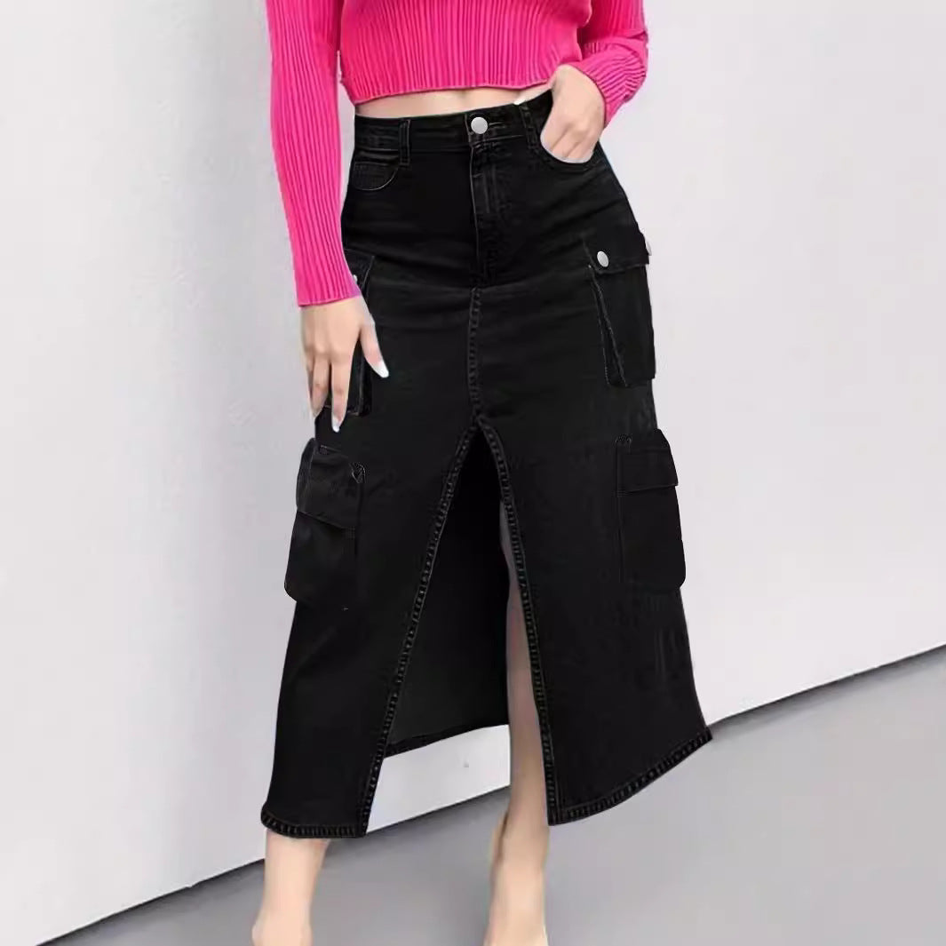 Damen High-Waist Cargo-Denim-Midirock mit Frontschlitz Nord Taschen