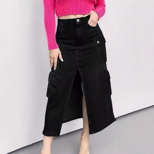 Damen High-Waist Cargo-Denim-Midirock mit Frontschlitz Nord Taschen