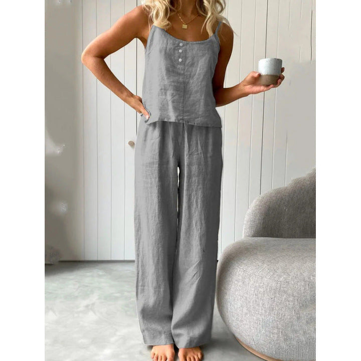Damen lässiges Leinen-Set mit trägerloser Bluse und weiten Hosen