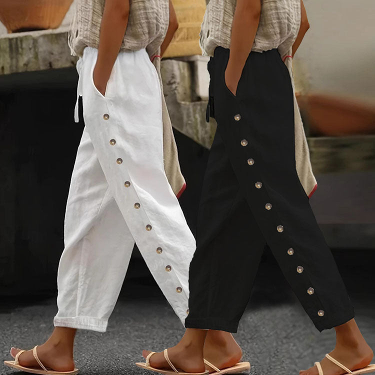 Damen Leichte Leinenhose mit hoher Taille, Kordelzug und seitlicher Druckknopf-Detailierung Nord Taschen