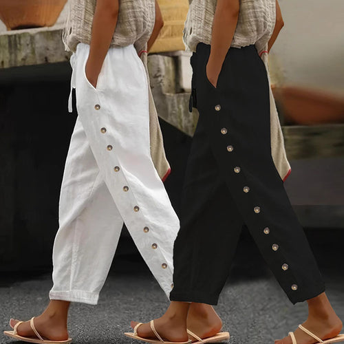 Damen Leichte Leinenhose mit hoher Taille, Kordelzug und seitlicher Druckknopf-Detailierung Nord Taschen