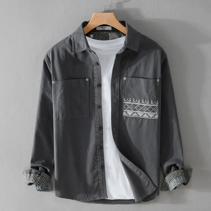 Herren Baumwoll-Overshirt mit Kontrastfutter, Brusttaschen und feiner Stickerei Nord Taschen