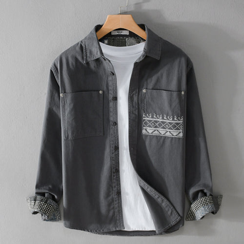 Herren Baumwoll-Overshirt mit Kontrastfutter, Brusttaschen und feiner Stickerei Nord Taschen
