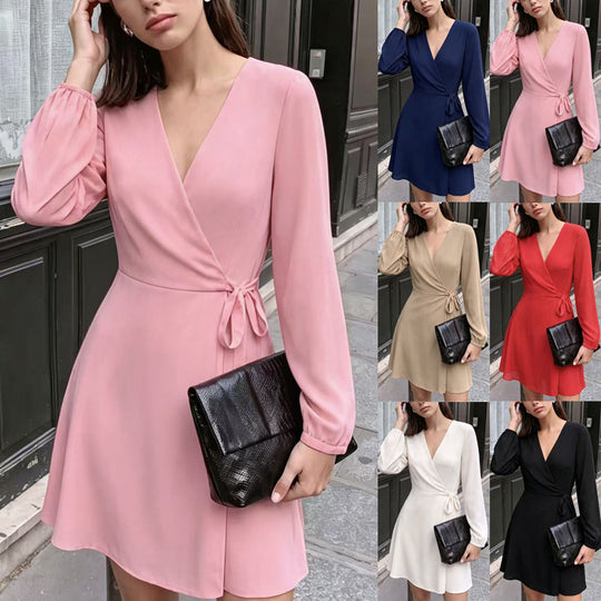 Damen Elegantes Wickel-Minikleid mit tiefem V-Ausschnitt und langen Ärmeln Nord Taschen