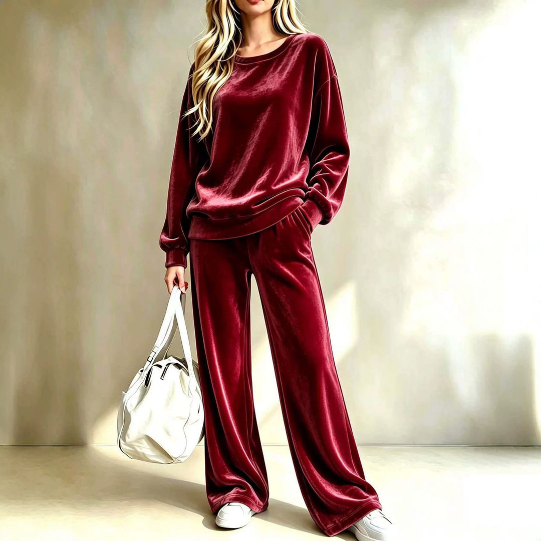 Damen Weiches Velours-Loungewear-Set mit weitem Bein und Rundhalsausschnitt Nord Taschen