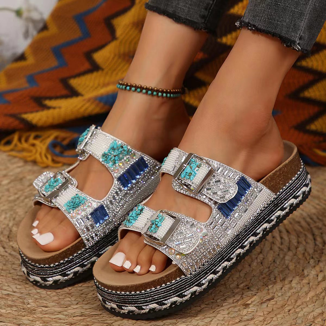 Damen bequeme Sandalen mit dekorativen Steinen und breiten Riemen