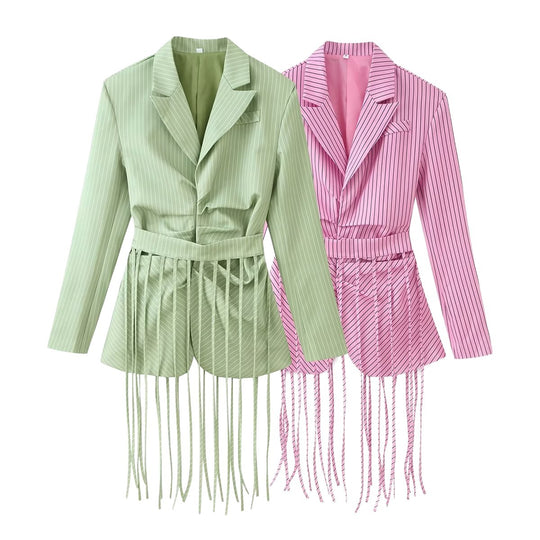 Damen Taillierter Blazer mit Fransen‑Detail und Nadelstreifen Nord Taschen