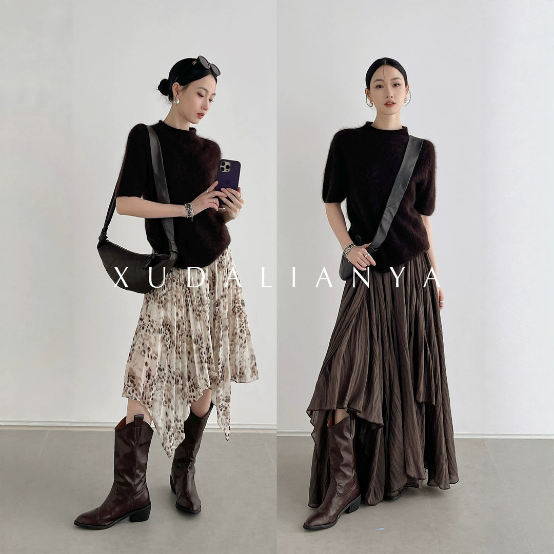 Damen Kuscheliger Mohair-Mix Kurzarm-Pullover mit Stehkragen Nord Taschen