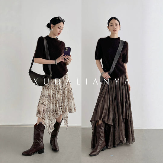 Damen Kuscheliger Mohair-Mix Kurzarm-Pullover mit Stehkragen Nord Taschen