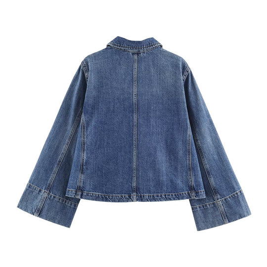 Damen Boxy Jeansjacke mit weiten Ärmeln, aufgesetzten Pattentaschen und Druckknopfverschluss Nord Taschen