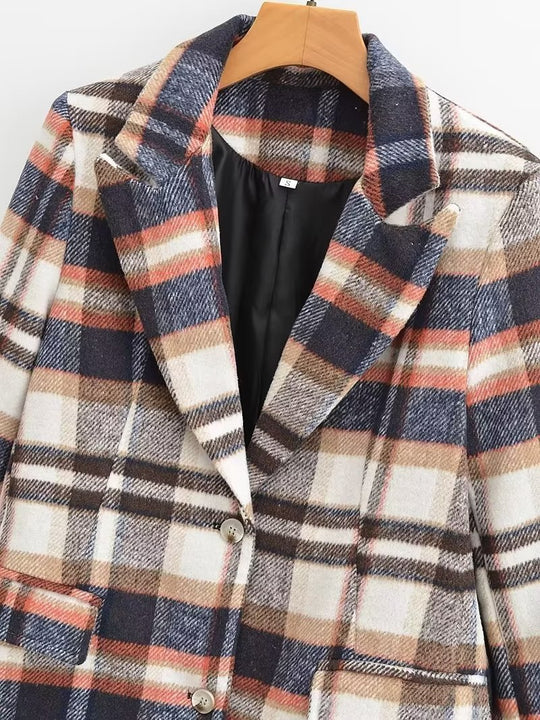 Damen Karierter Wollmix-Einreiher Blazer mit Reverskragen und Pattentaschen Nord Taschen