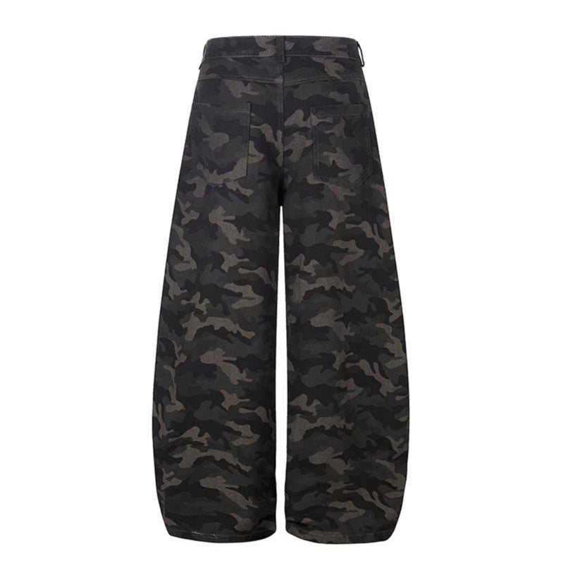 Damen Weite Camouflage-Palazzo-Hose mit hohem Bund, Gürtelschlaufen und ballonförmigem Bein Nord Taschen