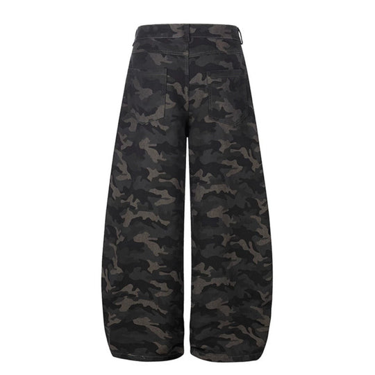 Damen Weite Camouflage-Palazzo-Hose mit hohem Bund, Gürtelschlaufen und ballonförmigem Bein Nord Taschen