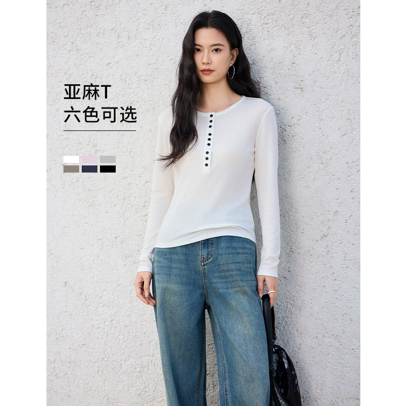 Damen Langärmeliges Henley-Shirt aus feinem Jersey mit dekorativer Knopfleiste Nord Taschen