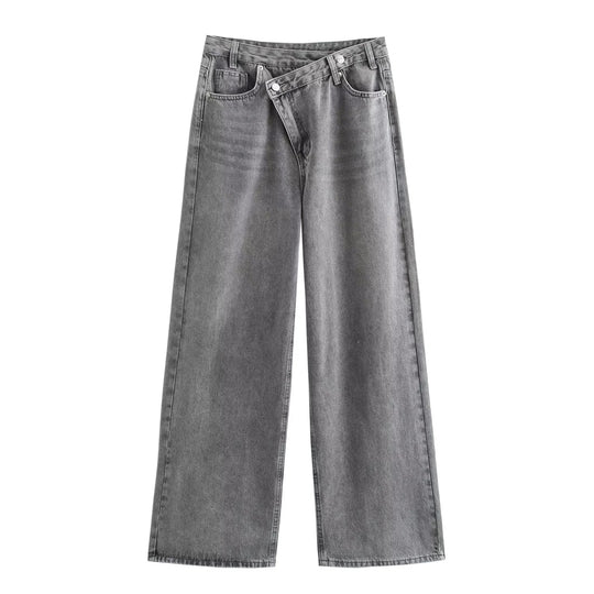 Damen 20+ weite High‑Waist Denim‑Palazzo‑Jeans mit asymmetrischem Bunddetail Nord Taschen