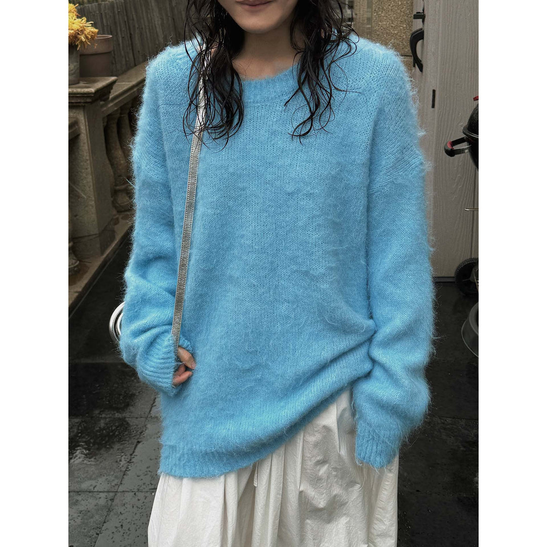 Damen Weicher Oversize Mohair‑Optik Pullover mit geripptem Saum und Rundhalsausschnitt Nord Taschen