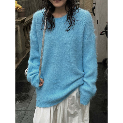 Damen Weicher Oversize Mohair‑Optik Pullover mit geripptem Saum und Rundhalsausschnitt Nord Taschen