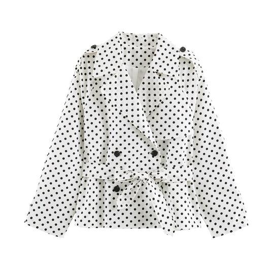 Damen Kurzer gepunkteter Trenchcoat mit Taillengürtel und doppelreihiger Knopfleiste Nord Taschen