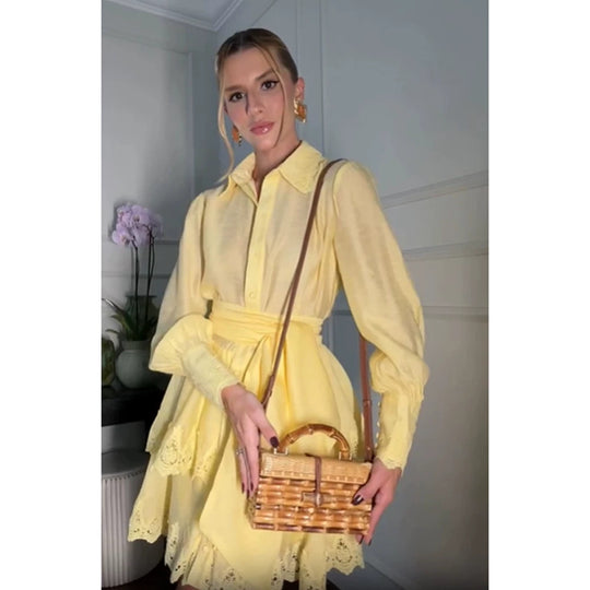 Damen Leichtes Hemdblusenkleid mit Broderie-Anglaise Saum und Wickelgürtel Nord Taschen