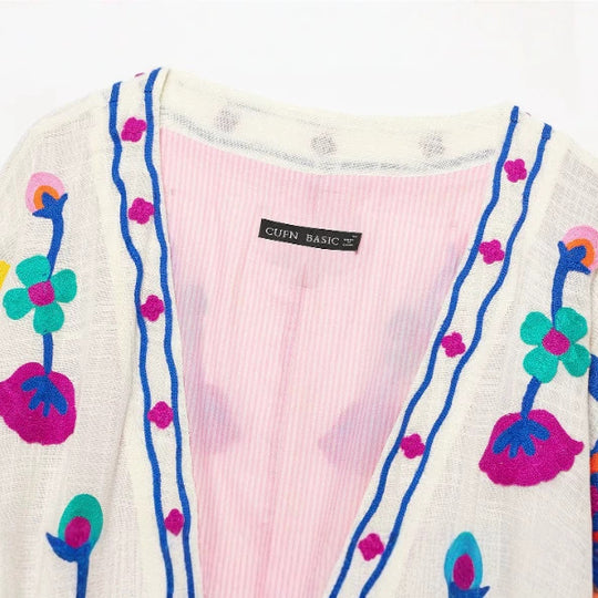 Damen Bestickter leichter Kimono-Cardigan mit floralem Motiv und Bindeband Nord Taschen
