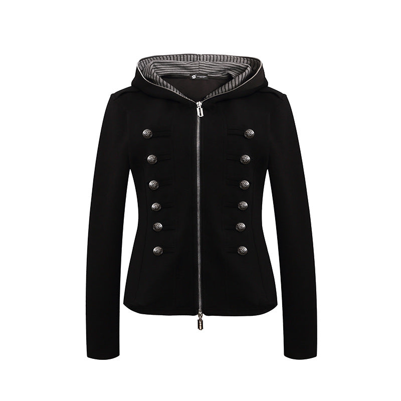 Damen taillierte Kapuzen‑Sweatjacke mit dekorischer Doppelreihe und Metallknöpfen Nord Taschen