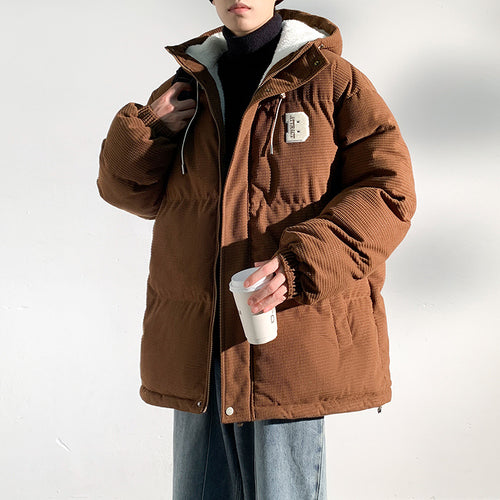 Herren Gepolsterte Cord-Steppjacke mit Kapuze, Teddyfleece-Innenfutter und Oversize-Schnitt Nord Taschen