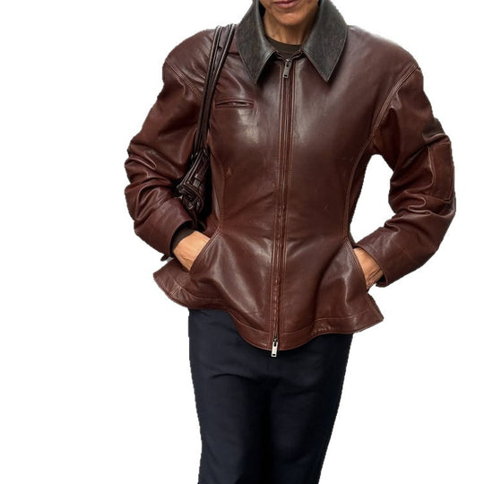Damen Lederjacke mit tailliertem Schößchen, Reißverschluss & großem Hemdkragen Nord Taschen