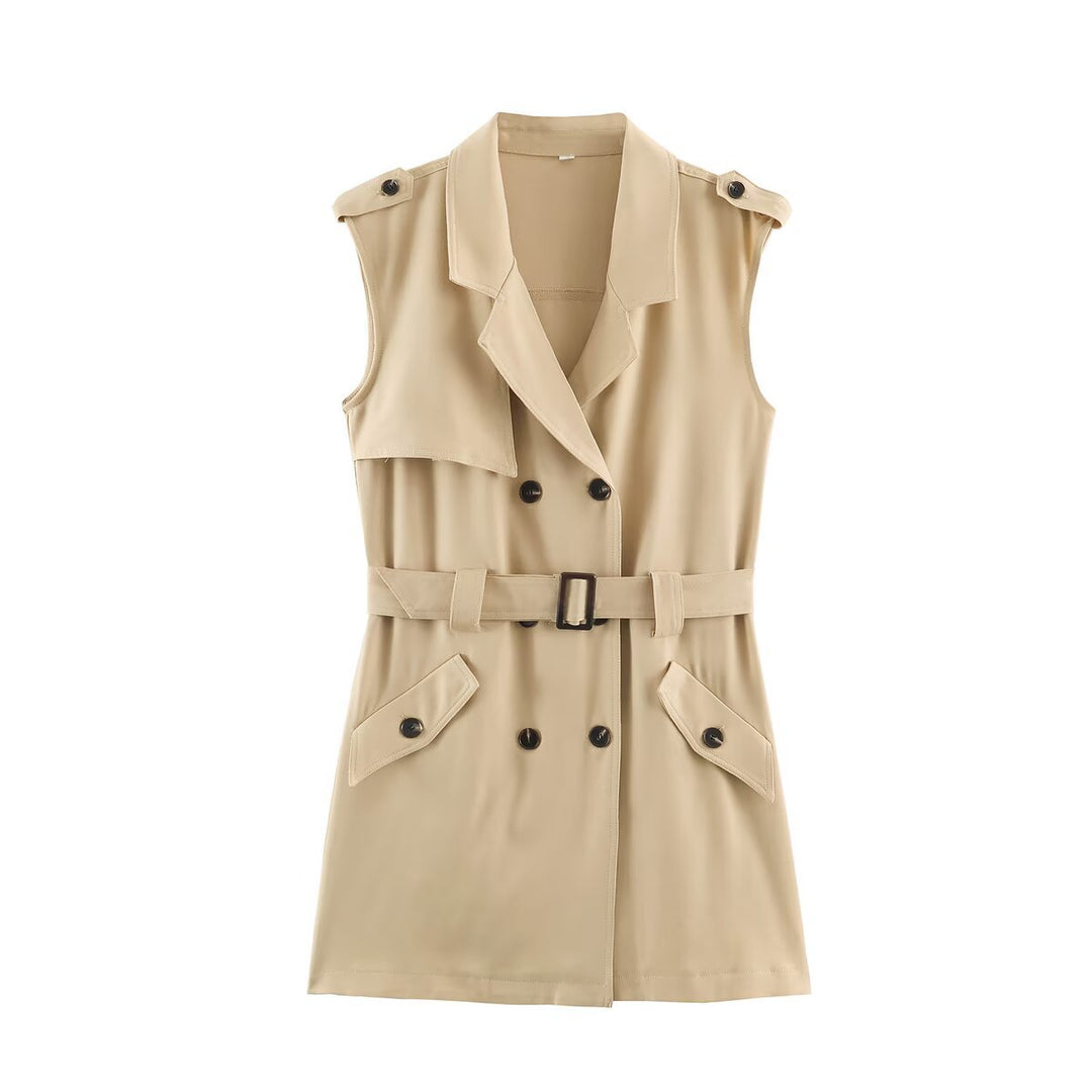 Damen Ärmelloses Tailliertes Trenchkleid mit Bindegürtel und Pattentaschen Nord Taschen