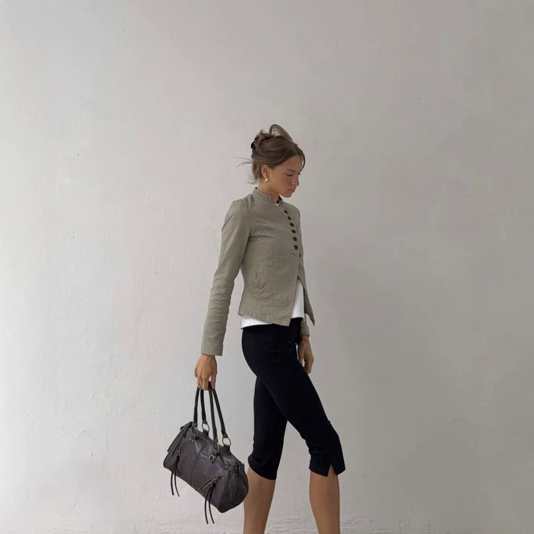 Damen Asymmetrische taillierte Leinen‑Optik Blazerjacke mit schräger Knopfleiste Nord Taschen