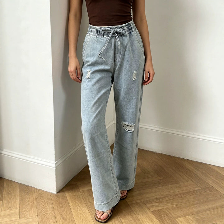 Damen weite Denimhose mit elastischem Kordelbund, Used-Effekten und lockerer Passform Nord Taschen