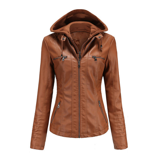 Damen Taillierte Kunstlederjacke mit abnehmbarer Kapuze und Reißverschluss Nord Taschen