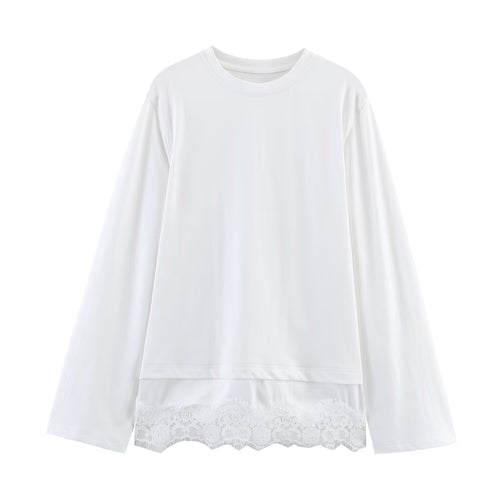 Damen Langärmeliges Oversize-Shirt mit Rundhalsausschnitt und Spitzenbesatz am Saum Nord Taschen