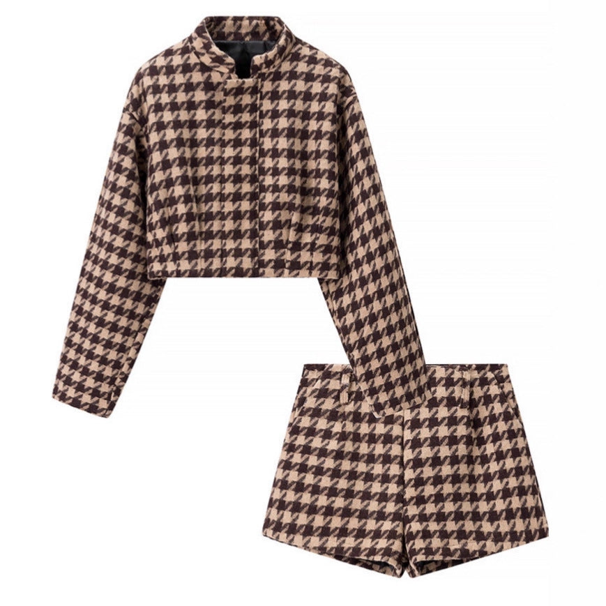 Damen Zweiteiliges Hahnentritt-Wollmix-Set mit tailliertem Kurzblazer und hochgeschnittener Short Nord Taschen