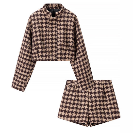 Damen Zweiteiliges Hahnentritt-Wollmix-Set mit tailliertem Kurzblazer und hochgeschnittener Short Nord Taschen