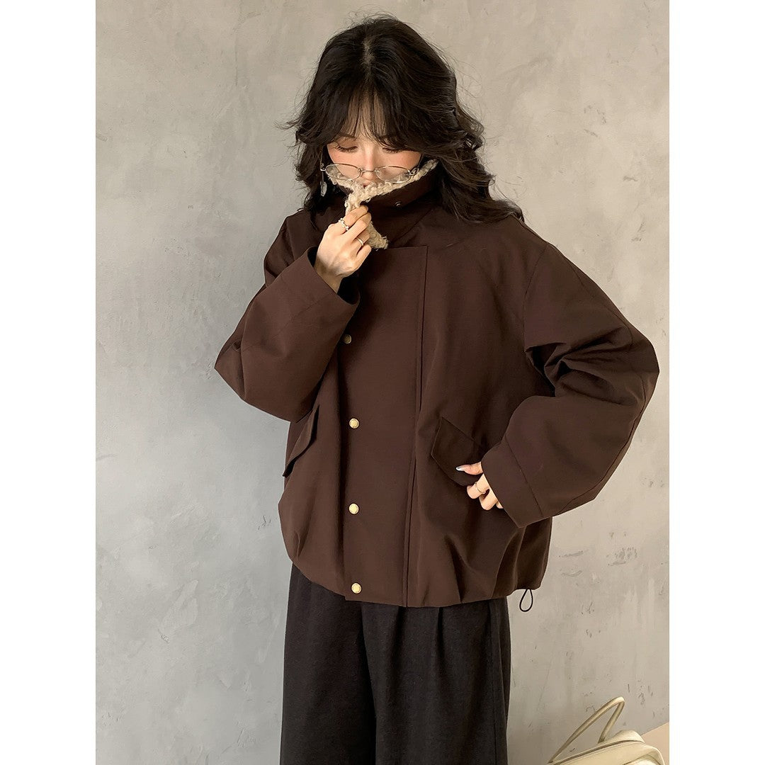 Damen Kurze Oversize-Bomberjacke mit Teddykragen und Druckknopfdetails Nord Taschen