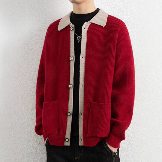 Herren Kontrastkragen-Strickjacke mit durchgehender Knopfleiste und aufgesetzten Taschen Nord Taschen