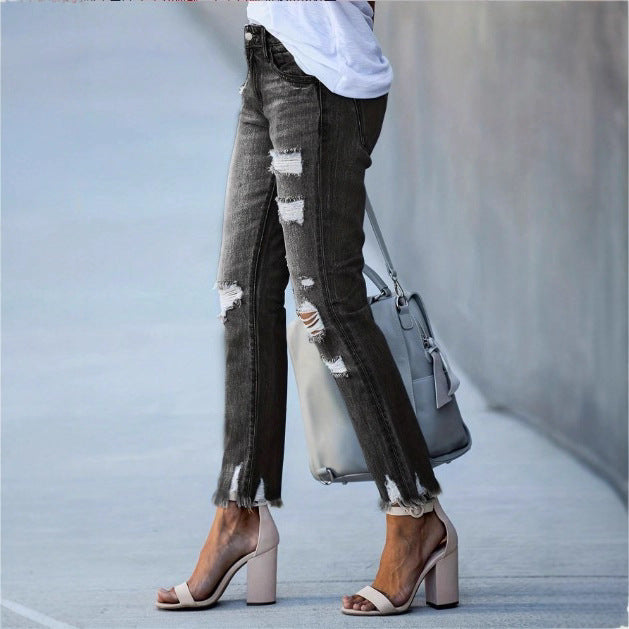 Damen Cropped Destroyed-Jeans mit hohem Bund, geradem Bein & rohem Fransen-Saum Nord Taschen