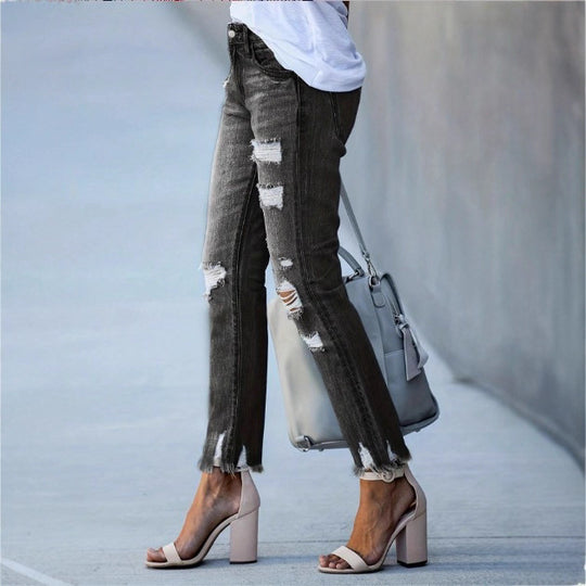 Damen Cropped Destroyed-Jeans mit hohem Bund, geradem Bein & rohem Fransen-Saum Nord Taschen